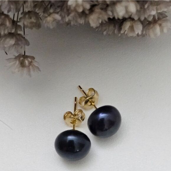 Natural Real Black South Sea Pearl  9 mm stud earrings and Real 14K Real Gold - Picture 4 of 6